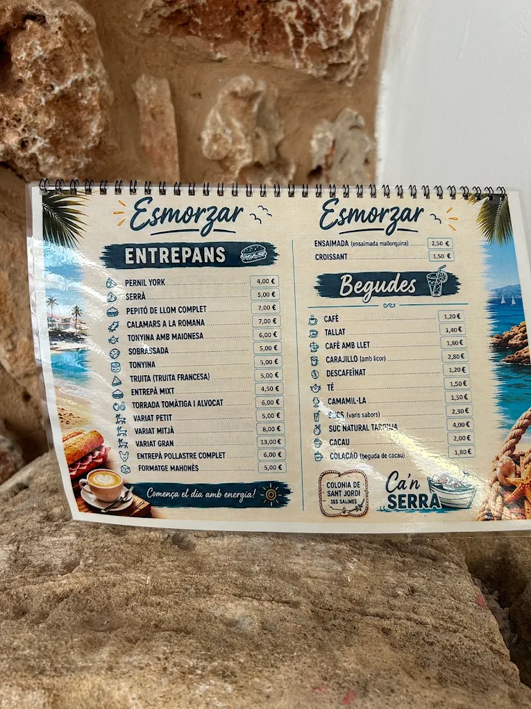 Carta de desayunos (Esmorzar) de Can Serra con entrepans y bebidas